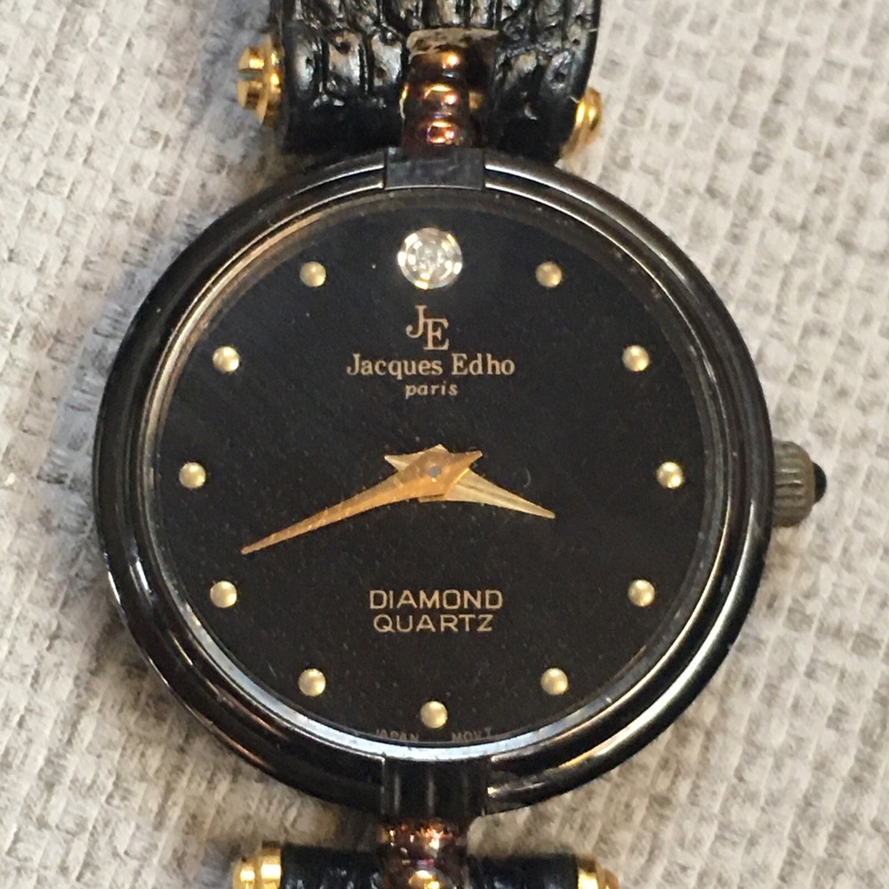 Jacques Edho Paris Diamond Quartz Wristwatch 18K Gold Plate Black Leather Band